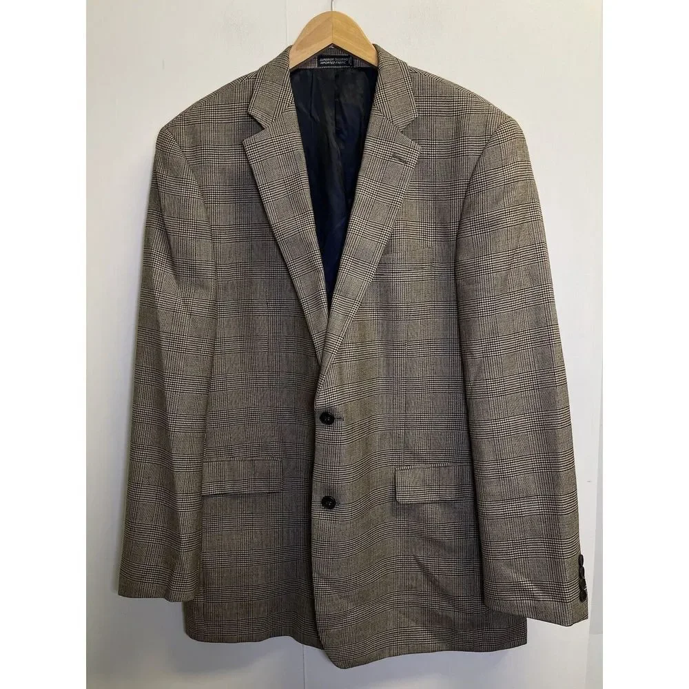 Nautica Wool 2 Button‎ Sport Coat 44L Light Brown Glen Plaid Blazer Jacket